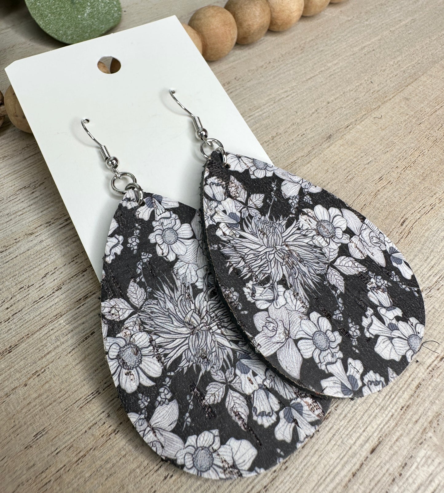 Black and White Floral Teardrop Earring