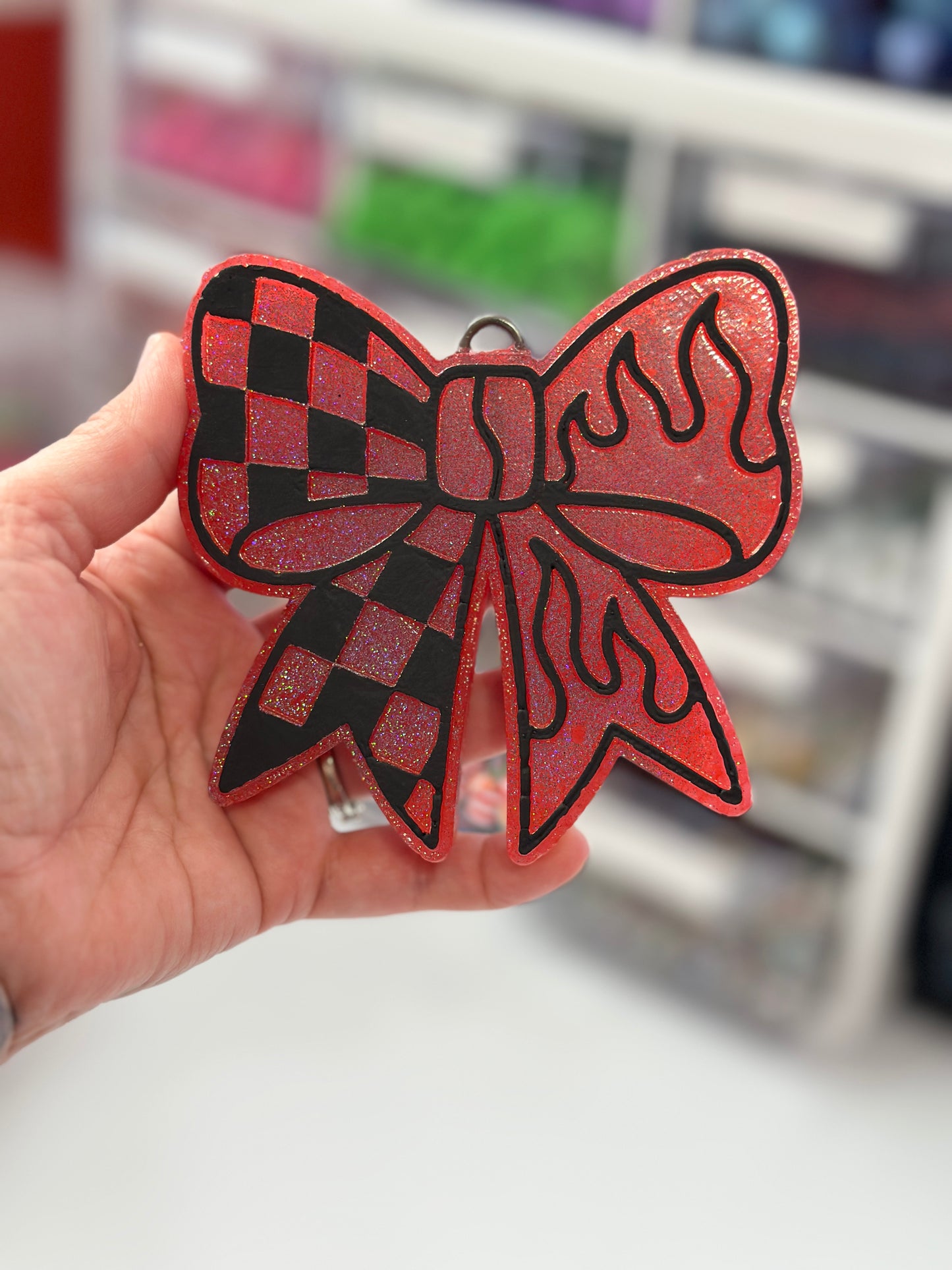 Red, black checker iridescent bow