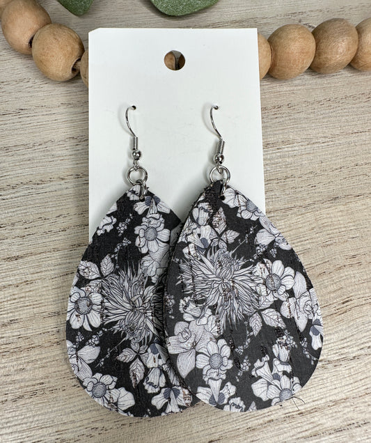 Black and White Floral Teardrop Earring