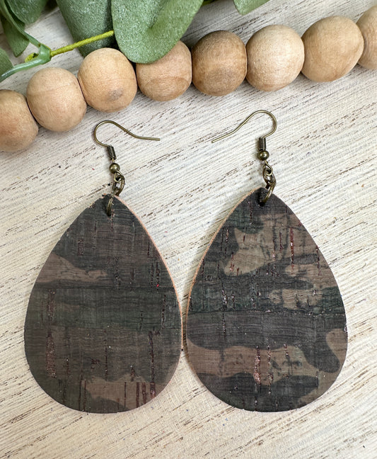 Dark Camo Cork Teardrop Earring